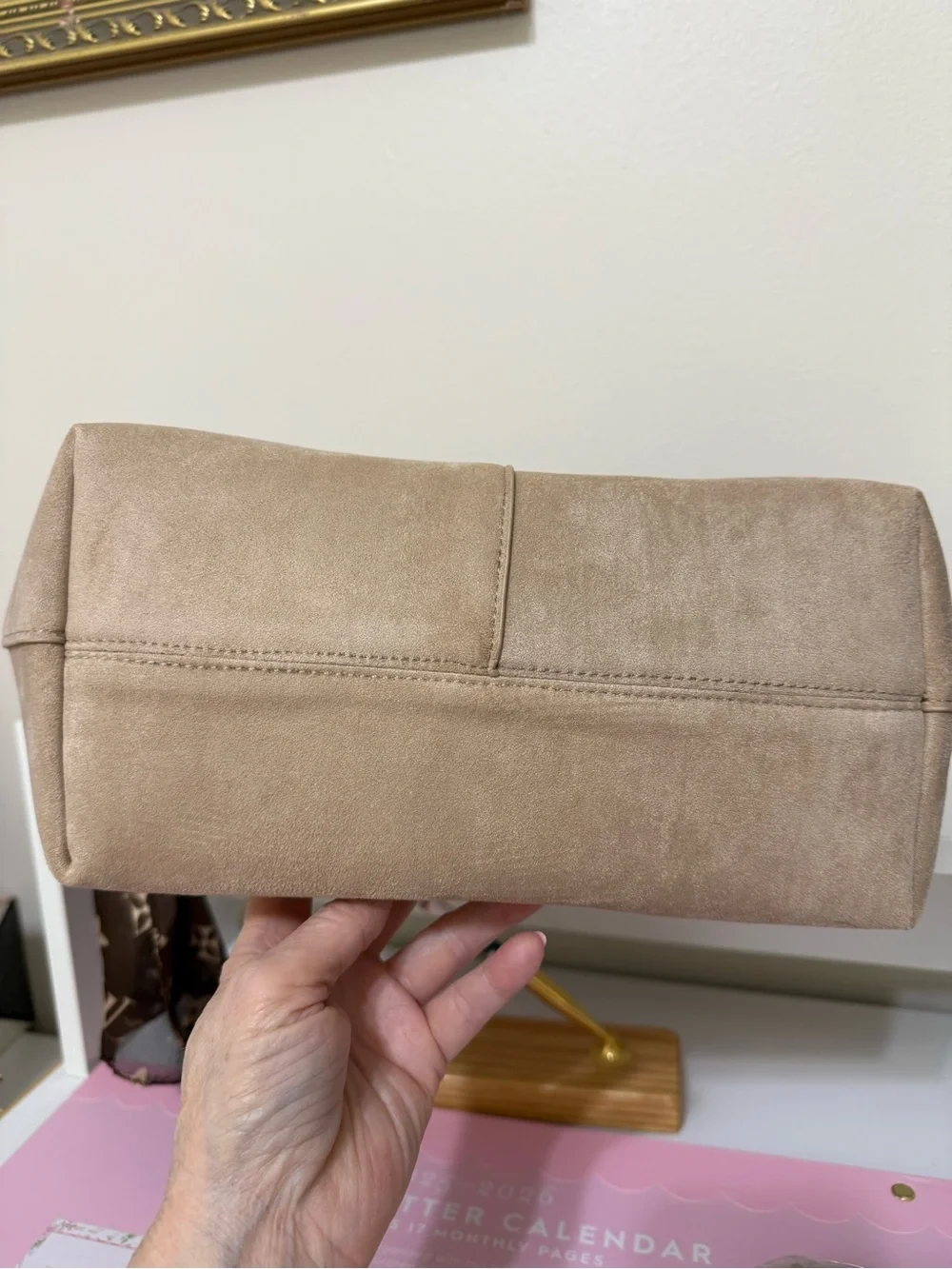 Suede Crescent Shoulder Bag in Beige